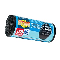 Мешки для мусора 120 л, с ушками, черные, в рулоне 30 шт., ПНД, 15 мкм, 1100х700 мм, Крепак, 4607075710375 в Туле